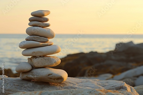 Stack of zen stones on the beach at sunset, Zen concept