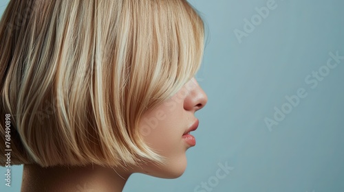 Close-up portrait of a woman's face Fashion Stylish Beauty Portrait. Beautiful Girl's Face Close-up, Cute young woman blonde hair with bob haircut isolated on flat gray background 