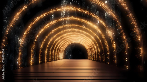 Empty street with a tunnel of string lights