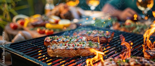 A festive scene of a summer barbecue with tuna steaks grilling over an open flame surrounded by friends and family