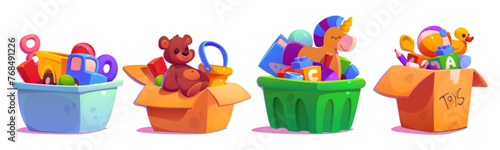Kid box with bear toy, ball and child car cartoon. Full gift chest collection to play in kindergarten for toddler clipart set isolated on white background. Old teddy and animals stuffed in package