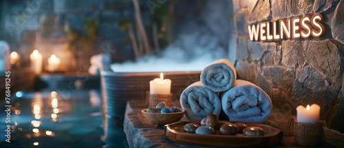 Serene spa setting with candles and towels for wellness concept