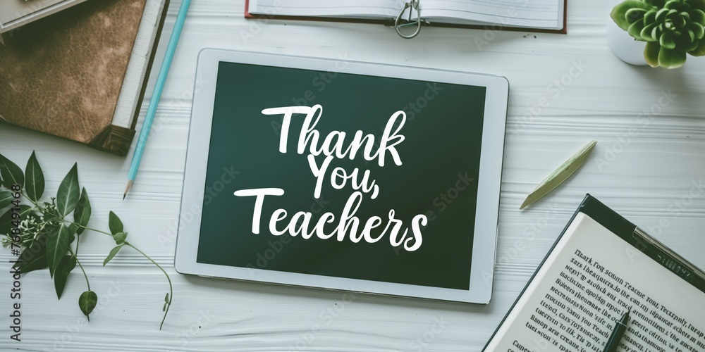  "Thank You, Teachers" message on a tablet with books and plant. - obrazy, fototapety, plakaty 