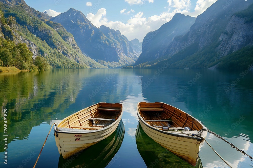 Two boats on the shore of a lake in the Alps, Austria