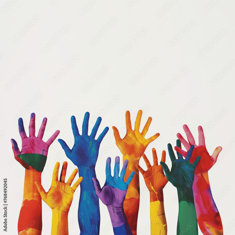 Raised hands painted in rainbow colors against a white background, symbolizing diversity and unity.