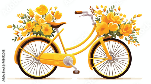 Yellow bicycle with yellow spring flowers isolated on
