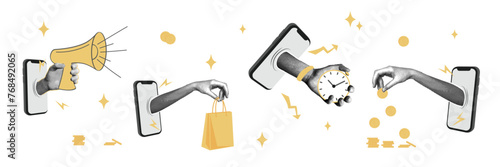 Trendy halftone collage Set of hands with coins, shopping, stopwatch. Stacks of coins. Payment concept. Sales, rebates, discounts. Saving money. Making money and getting a paycheck.
