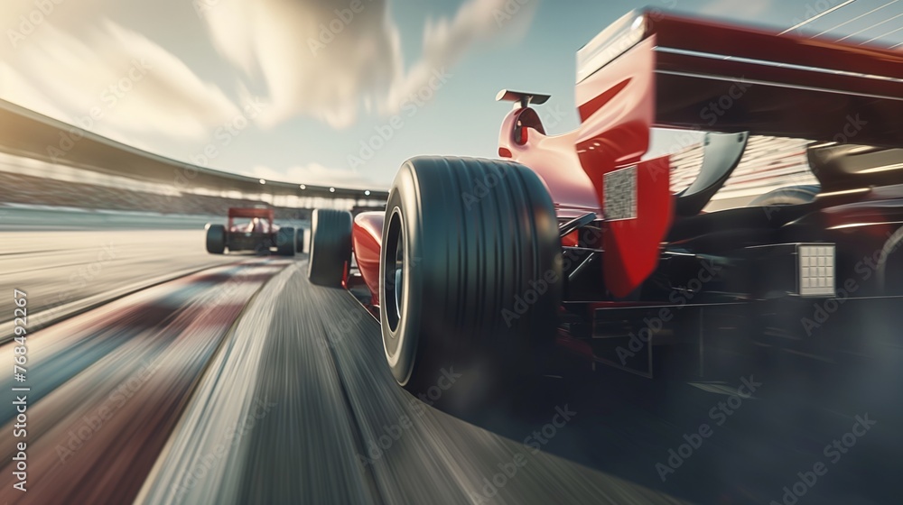Blurred motion of formula race cars speeding on a circuit.