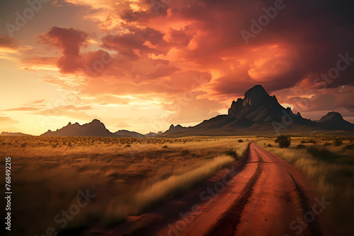 A beautiful desert landscape with a dirt road leading to the mountains, a red sky and orange clouds
