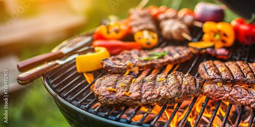 Juicy steaks and grilled vegetables on a barbecue, perfect for outdoor cooking and dining.