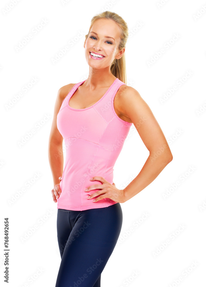 Fitness, portrait and woman in studio with confidence, smile and workout routine in health, wellness and power. Lose weight, pride and girl on white background for exercise, results and body care Fitness, portrait and woman in studio with confidence, smile and workout routine in health, wellness and power. Lose weight, pride and girl on white background for exercise, results and body care