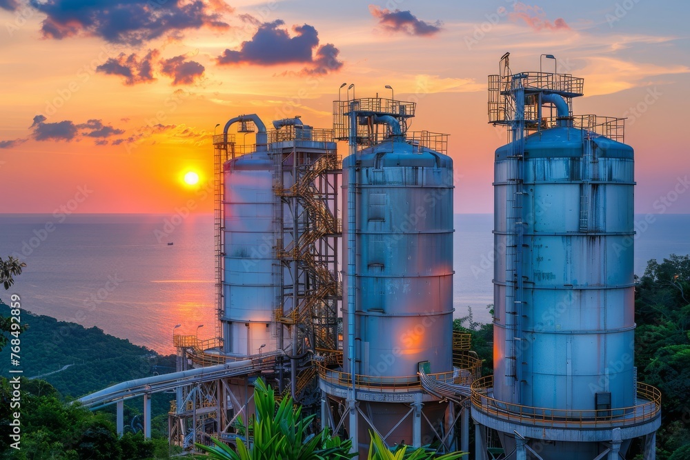 Sunset Over Industrial Majesty: Silos by the Sea Reflect the Warm Glow of the Evening Sun, Generative AI