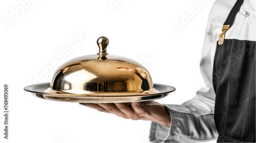 Hand of waiter with tray and cloche isolated on white background. With clipping path