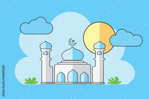 Ramadan Kareem, featuring geometric representations of mosques, crescent moons, stars.Mosque Flat design.