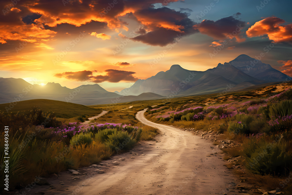 A winding dirt road leading to the horizon, surrounded by mountains and wildflowers under a dramatic sunset sky