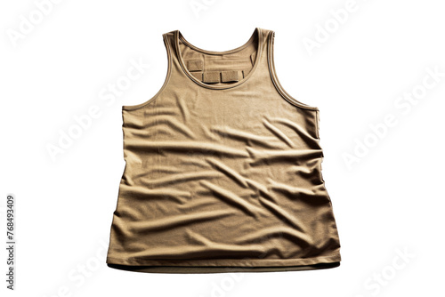 A plain womens tank top laid flat on a stark white background. The tank top features thin shoulder straps, a scoop neckline, and a relaxed fit. Isolated on a Transparent Background PNG. photo