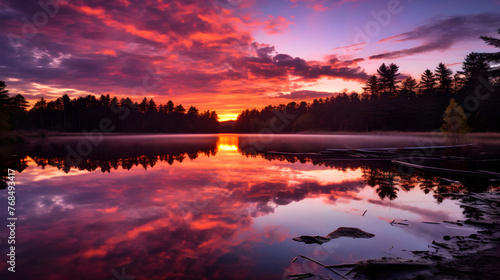 Spectacular Charismatic Canvas of Nature: Fiery Sunset Over Tranquil Lake and Silhouetted Forest © Marie