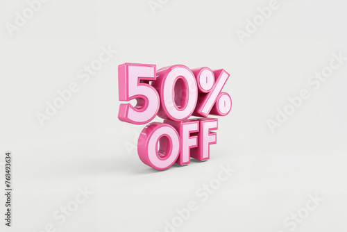 texte en lettres et chiffres roses rendu 3D, "50 % OFF" soit 50 pourcents de réduction, ressource graphique pour les soldes et les promotions, Black Friday, . Texte sur fond blanc