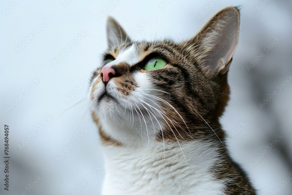 Domestic cat with green eyes close-up portrait on blurred background
