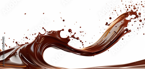 Dark brown Chocolate, coffee or cocoa liquid swirl splash with little choc bubbles isolated on clear png background, liquid fluid element flowing in form of wave.