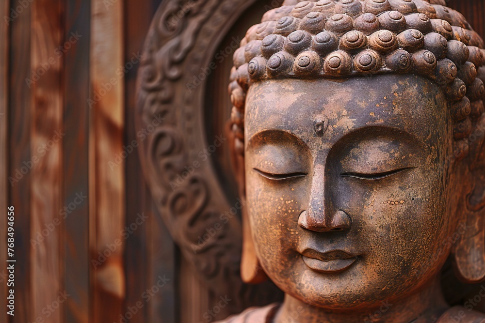 Buddha statue on wooden background, close-up view