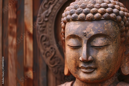 Buddha statue on wooden background, close-up view
