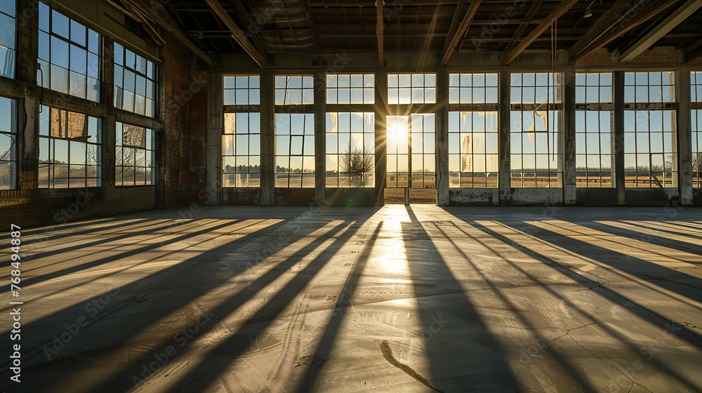  Shadows playing across the gallery floor, creating a dynamic interplay of light and dark as the sun moves across the sky above the empty farm. 
