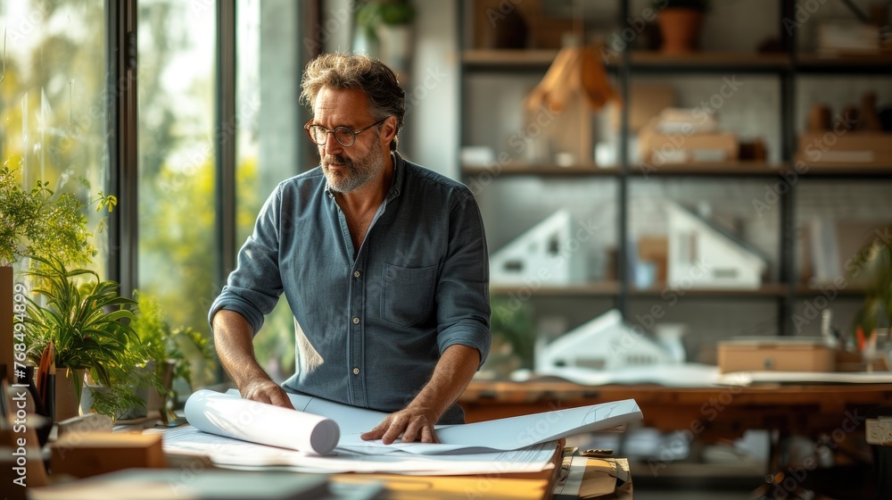 Male Architect Reviews Blueprints in Sunlit Office. Male Architect Reviews Blueprints in Sunlit Office.