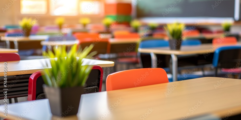 A classroom with colorful desks and chairs, highlighting an educational and cheerful learning environment.