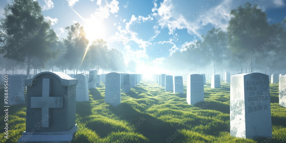 Misty and ethereal cemetery with sun rays piercing through the clouds. - obrazy, fototapety, plakaty 