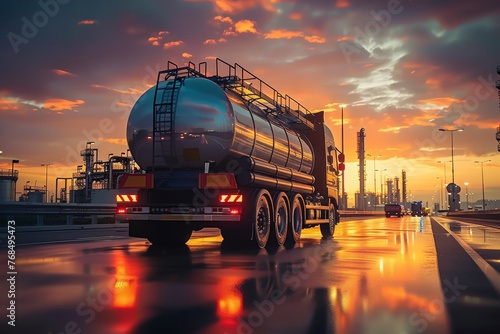Gleaming fuel tanker truck glides through industrial twilight on rain-slicked highway photo