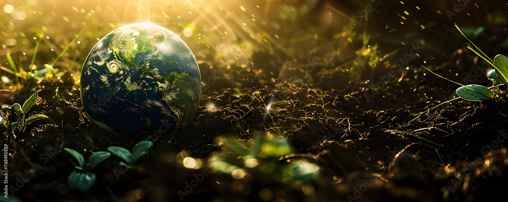 A small green plant is growing in the dirt next to a small blue globe, earth day concept, generative ai
