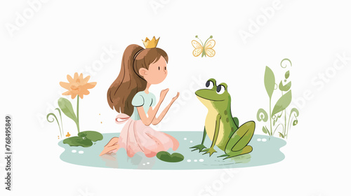 Beautiful young princess and lovely frog flat vector isolated