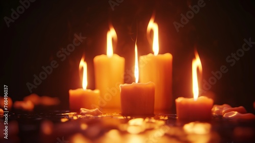 A serene scene with multiple candles burning, creating a tranquil and warm atmosphere.