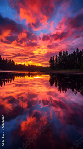 Spectacular Charismatic Canvas of Nature: Fiery Sunset Over Tranquil Lake and Silhouetted Forest