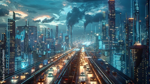 A network of neon-lit highways stretching across the urban sprawl, where sleek hovercars and motorcycles weave through traffic amidst the towering skyscrapers of a cyberpunk megalopolis in