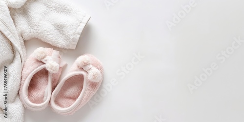 Soft baby slippers and a cozy blanket on a white surface, depicting comfort and care.