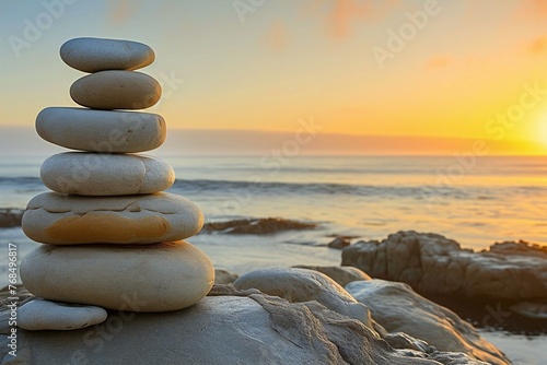 Stack of pebbles on the beach at sunset, Concept of harmony and balance