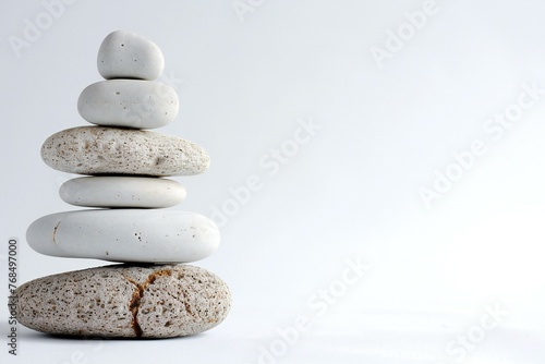 Stack of white zen stones isolated on white background with copy space