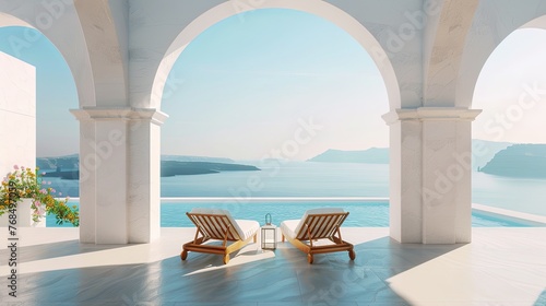 vacation, couple on the beach near swimming pool, luxury travel. Traditional mediterranean white architecture with arch sunshine. Summer vacation concept.Happy viewpoint and enjoys