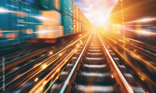 A Modern Train Blurs Across Illuminated Tracks, Symbolizing Rapid Transit and Connection, Generative AI