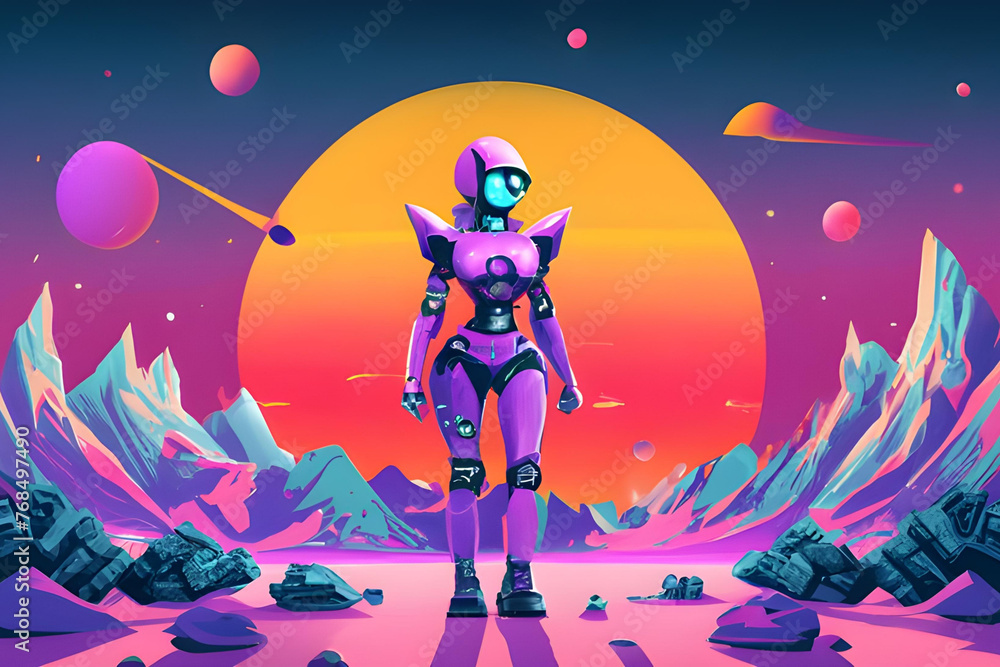 A purple or violet female robot stands on a surreal alien planet. The technology mechanical machine stands with confidence
