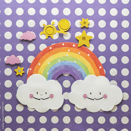 Wallpaper Mural Rainbows and clouds paper crafts on purple dots pattern background. Generative AI Torontodigital.ca