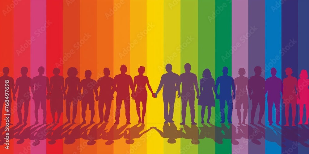 Row of people in front of a rainbow, reflecting diversity and community spirit.