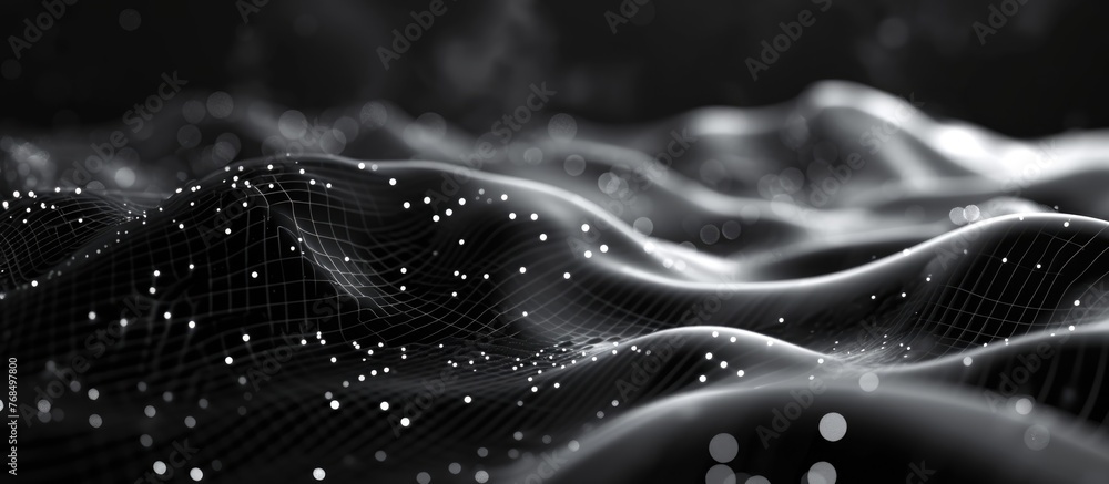 Abstract 3D rendering of space with black and white computer-generated background involving dark matter and gravitational waves. Abstract 3D rendering of space with black and white computer-generated background involving dark matter and gravitational waves.
