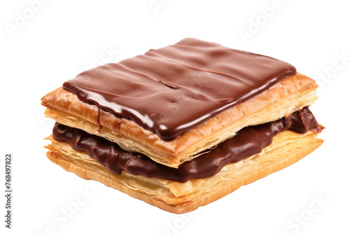 A pastry is prominently featured with a generous layer of rich chocolate. The pastry appears fresh and inviting, with its flaky texture and decadent topping. Isolated on a Transparent Background PNG.