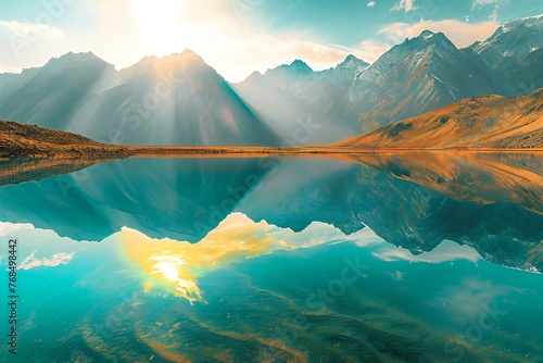 Mountain lake at sunrise,  Beautiful natural landscape with reflection in water