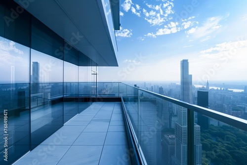 glass balcony railing on a high apartment with skyline views