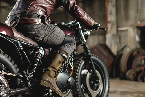 rider in leather gear mounting a motorcycle with focus on wheel © studioworkstock