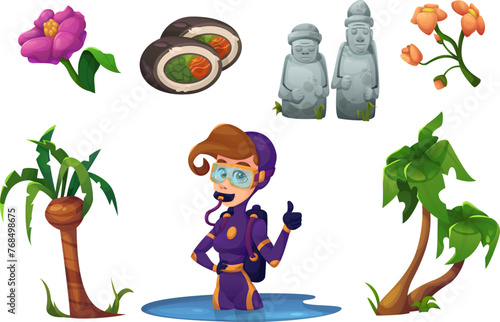 Jeju island symbols set isolated on white background. Vector cartoon illustration of South Korean island palm trees, flowers, fish roll dish, traditional stone dol hareubang statues, female diver photo